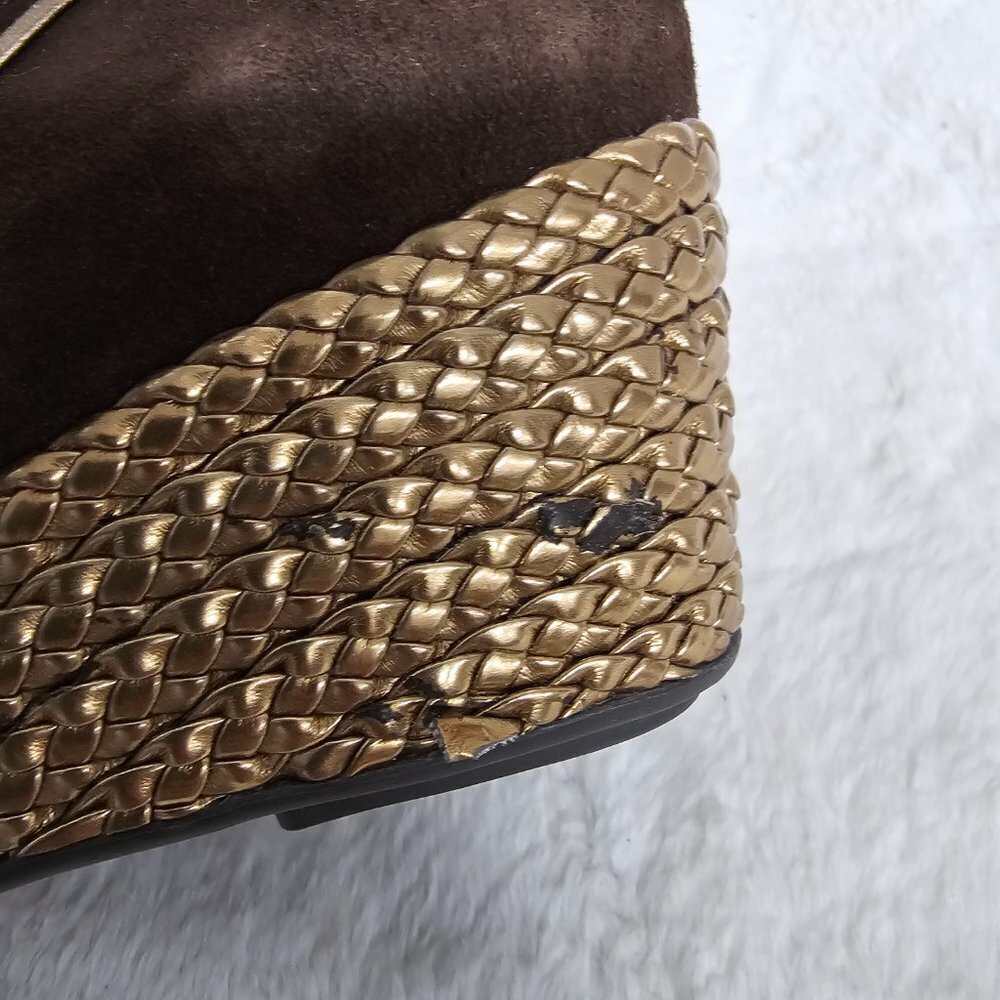 Lauren Ralph Lauren Cambree Chocolate Suede Gold Metallic Wedge Shoes Size 7 - Picture 8 of 16